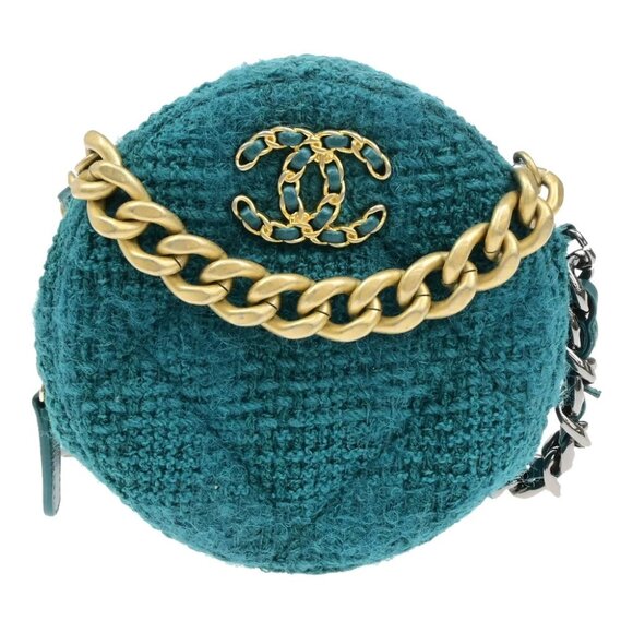 CHANEL 19 CC Logo Round Chain Mini Shoulder Bag Tweed Leather Green 332LC528 - Picture 2 of 16